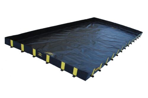 A black and yellow Justrite Berm, Ridglock Qb 12X28X12, is shown with raised edges to contain spills and prevent leakage, made of durable, waterproof material.