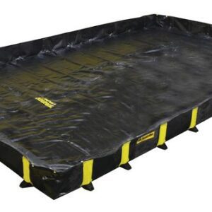 The Justrite Berm, Rigidlock Qb 12X20X12, is a large black rectangular containment mat with yellow side accents. Made from heavy-duty material and featuring raised edges, its perfect for spill containment or industrial use.