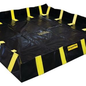 The Justrite Berm, Indust Qb 10X10X12, is a black spill containment berm with yellow straps and black-and-yellow striped edges, ideal for safely containing hazardous materials.