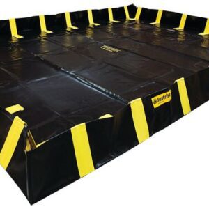 The Justrite Berm, Indust Qb 12X16X12, with its black design, yellow stripes, and labeled edges, is a sturdy rectangular structure. Its high sides make it ideal for spill containment or storage, ensuring a reliable choice against any backdrop.