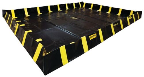 The Justrite Berm, Indust Qb 12X16X12, with its black design, yellow stripes, and labeled edges, is a sturdy rectangular structure. Its high sides make it ideal for spill containment or storage, ensuring a reliable choice against any backdrop.