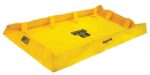 A bright yellow, rectangular Justrite Berm Lite Qb 4X8X8 containment tray with raised edges and side supports features bold black Justrite branding and warning labels.