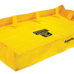A bright yellow, rectangular Justrite Berm Lite Qb 4X8X8 containment tray with raised edges and side supports features bold black Justrite branding and warning labels.