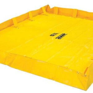 The Justrite Berm, Lite Qb 8X10X8, is a large yellow containment spill berm with raised sides and rectangular supports along the edges. It features warning labels and a smooth, shiny surface for optimal performance.