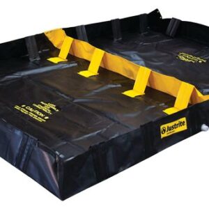 Introducing the Justrite Decon2 6X10X8 black spill containment berm, complete with yellow interior supports and handles for easy maneuvering. Ideal for capturing leaks, its durable design prominently displays the brand name on the sides.