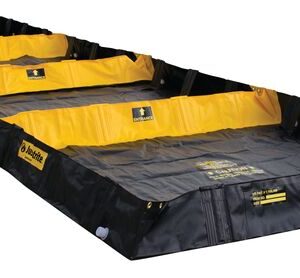 The Decon4 Justrite Berm, measuring 6X20X8, is a long, rectangular black and yellow spill containment tool with raised sides. It has foldable supports and is made from durable materials for effective liquid storage or containment.