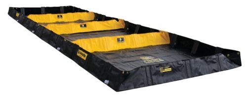 The Decon4 Justrite Berm, measuring 6X20X8, is a long, rectangular black and yellow spill containment tool with raised sides. It has foldable supports and is made from durable materials for effective liquid storage or containment.