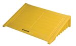 The Justrite Ramp, 4 Drum Sq, Ecopoly, Yel is a yellow plastic ramp with a grooved surface and raised edges for safety and accessibility. Justrite is printed near the bottom, offering reliable support and durability.