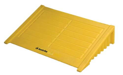 The Justrite Ramp, 4 Drum Sq, Ecopoly, Yel is a yellow plastic ramp with a grooved surface and raised edges for safety and accessibility. Justrite is printed near the bottom, offering reliable support and durability.