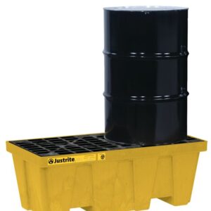 A black metal drum sits on a yellow Justrite Pallet, 2 Drum, Ecopoly. Its grid surface efficiently handles leaks or spills, ensuring environmental safety and reliability in spill management.