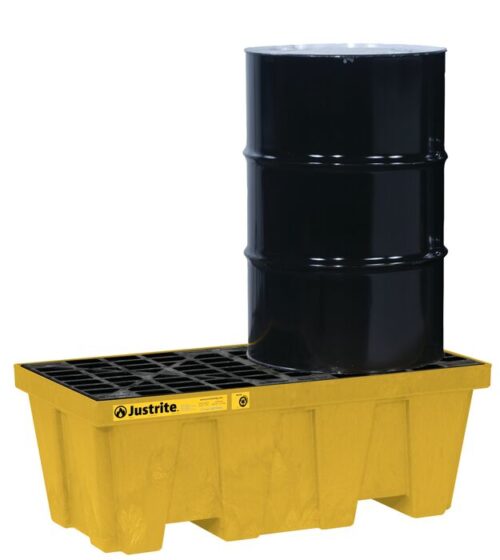 A black metal drum sits on a yellow Justrite Pallet, 2 Drum, Ecopoly. Its grid surface efficiently handles leaks or spills, ensuring environmental safety and reliability in spill management.