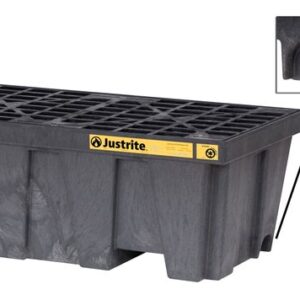 The Justrite Pallet 2 Drum W/Drn Eco Blk features a grated top and labeled sides for easy identification. The inset image showcases the corner detail of this efficient containment sump.