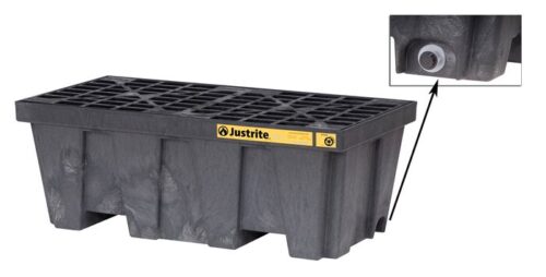 The Justrite Pallet 2 Drum W/Drn Eco Blk features a grated top and labeled sides for easy identification. The inset image showcases the corner detail of this efficient containment sump.