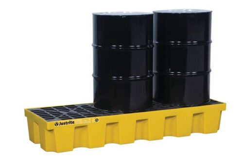Two black industrial barrels sit on a yellow Justrite Pallet, 3 Drum, Ecopoly model with a grid-like surface, designed for eco-friendly spill containment and efficient leak management.