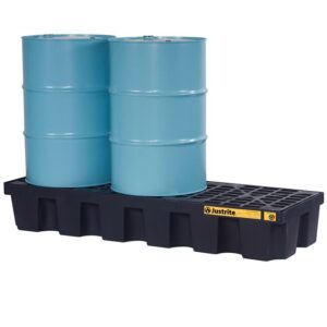 Two blue industrial barrels rest on a robust Justrite Pallet, 3 Drum, Ecopoly, Blk with a grated surface and a yellow label. The setup is displayed against a pristine white background.