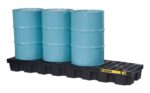 Three blue metal barrels are neatly placed on a labeled Justrite Pallet, 4 Drum Inline. These drums rest securely on the black spill containment grid, efficiently designed for Eco Blk needs.