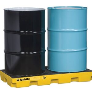 Two large barrels, one black and one blue, sit side by side on a yellow Justrite Accum Ctr, 2 Drum, Ecopoly Yel spill containment pallet with a grid pattern designed to prevent spills or leaks.