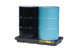 Two industrial drums, one black and one blue, are securely placed on a Justrite Accum Ctr, 2 Drum, Ecopoly Blk spill containment pallet.