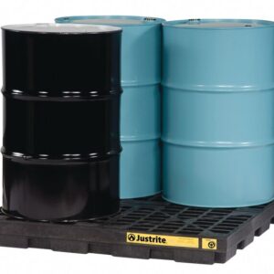 Two blue and one black metal barrels are placed on a Justrite Accum Ctr, 4 Drum, Ecopoly Blk spill containment pallet.