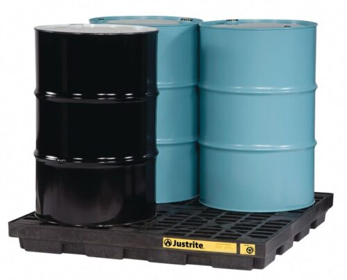 Two blue and one black metal barrels are placed on a Justrite Accum Ctr, 4 Drum, Ecopoly Blk spill containment pallet.