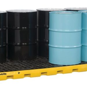 The Justrite Accum Ctr, 8 Drum, Ecopoly Yel pallet accommodates eight metal drums—four black and four light blue—neatly arranged with four in front and four in back. Its grid-like plastic surface enhances its sturdy design.