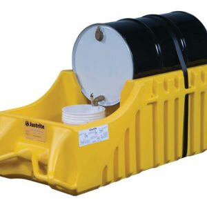 A black and white drum sits on a yellow Justrite Caddy, Drum, Indr/Outdr Eco Yl platform, with two white buckets beneath its faucet. The rectangular platform is designed for efficient spill containment to catch potential leaks.