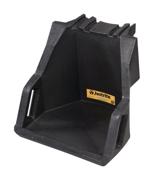 The triangular black rubber wheel chock has a ridged back and the yellow Justrite logo on the side. It stabilizes parked vehicles, preventing accidental movement and complements the Justrite Shelf Dispng, Drum Mgmt Eco Bk system effectively.