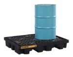 A blue metal drum sits on a Justrite Pallet F/Drmshd, 2 Drm, Eco Bk with a black grid surface spill containment pallet. The Justrite label ensures safe and reliable handling for 2-drum setups.