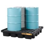 Two blue and one grey industrial barrels rest on a black Justrite Pallet F/Drmshd, 4 Drm, Eco Bk. Labeled Justrite, its designed for efficient storage or transport of liquids and chemicals.