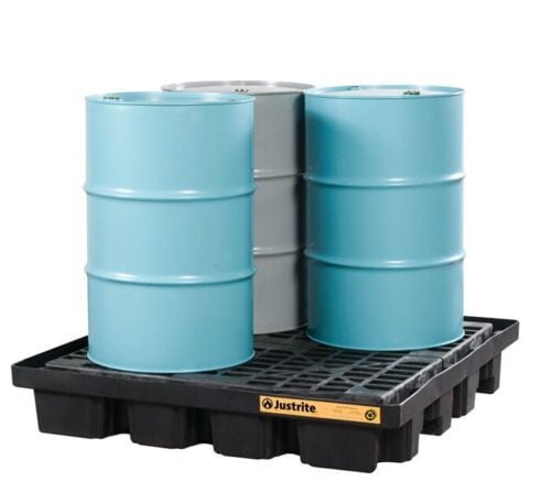 Two blue and one grey industrial barrels rest on a black Justrite Pallet F/Drmshd, 4 Drm, Eco Bk. Labeled Justrite, its designed for efficient storage or transport of liquids and chemicals.