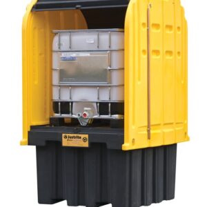 The Justrite Ibc Outdoor Shed W/Plt, Ecoply, in yellow and black, features an open front displaying a metal container and has a hinged roof design for industrial storage and safety with durable construction.