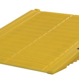 The Justrite Ramp, F/2-4 Drmshed in yellow features a ridged plastic surface and gentle incline for easy curb access, combining style and function with the brand logo on the side.