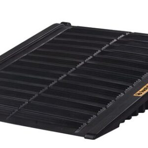 The Justrite Ramp, F/2-4 Drmshed, Eco Blk is a black rubber ramp from Matting Technologies with a textured surface for traction. It has a slightly inclined design for small steps or thresholds and raised edges for safety. A label is also featured on the side.