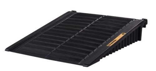 The Justrite Ramp, F/2-4 Drmshed, Eco Blk is a black rubber ramp from Matting Technologies with a textured surface for traction. It has a slightly inclined design for small steps or thresholds and raised edges for safety. A label is also featured on the side.