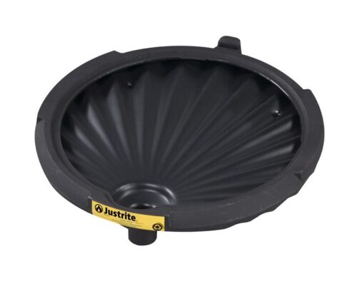 The Justrite Funnel, Drum, Nonflam, Eco Blk features a ribbed interior and small spout with a yellow label. Its design ensures safe and efficient pouring while maintaining nonflammable qualities for added safety.