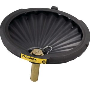 The Justrite Funnel, Drum, Flambls, Eco Blk is a black safety funnel with a wide ridged surface, brass cylindrical spout, chain-linked cap, and prominently displays the yellow Justrite label on its rim. Designed for use with drums.