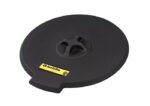 A round, black Justrite Cover for Drm Fnl 28680 with a central cutout and iconic yellow logo, Eco Bk design for efficient container or drum coverage.