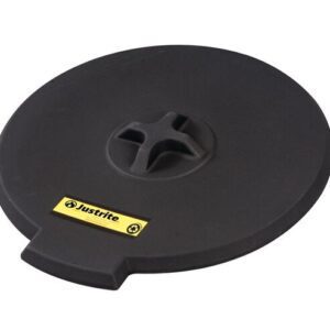 A round, black Justrite Cover for Drm Fnl 28680 with a central cutout and iconic yellow logo, Eco Bk design for efficient container or drum coverage.