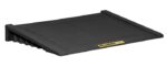 A black, slightly inclined Justrite Ramp, designed for the 2+ Drum Accm Ctr Eco Blk system, has a ridged surface with side edges and features a small yellow label with a black logo in the lower right corner.