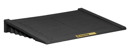 A black, slightly inclined Justrite Ramp, designed for the 2+ Drum Accm Ctr Eco Blk system, has a ridged surface with side edges and features a small yellow label with a black logo in the lower right corner.
