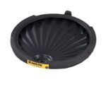 The Justrite Drum Funnel W/O Spout Eco is a black, round funnel featuring a fluted interior. Its exterior edges have a yellow Justrite label and an eco-friendly recycling symbol, emphasizing sustainability.