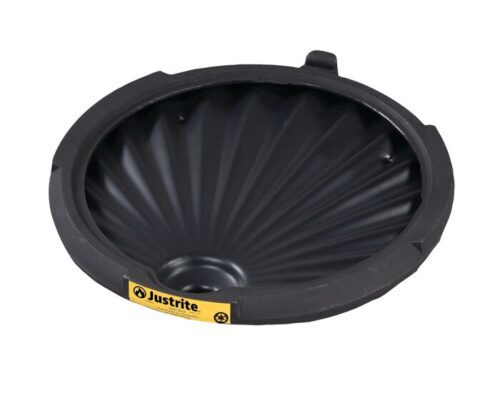 The Justrite Drum Funnel W/O Spout Eco is a black, round funnel featuring a fluted interior. Its exterior edges have a yellow Justrite label and an eco-friendly recycling symbol, emphasizing sustainability.