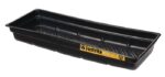 A black rectangular plastic Justrite Tray, Spill 46X16, Ecopoly, with a yellow side label features slightly raised sides and a textured interior for enhanced durability and style.