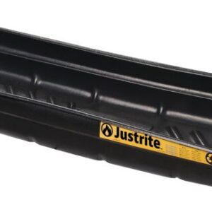 A black rectangular plastic Justrite Tray, Spill 46X16, Ecopoly, with a yellow side label features slightly raised sides and a textured interior for enhanced durability and style.