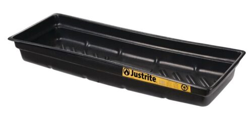 A black rectangular plastic Justrite Tray, Spill 46X16, Ecopoly, with a yellow side label features slightly raised sides and a textured interior for enhanced durability and style.