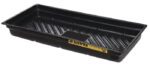 The Justrite Tray, Spill 38X26, Ecopoly in black has sloped grooves and raised edges with a yellow Justrite label. It efficiently contains liquids for easy cleanup and enhanced safety.