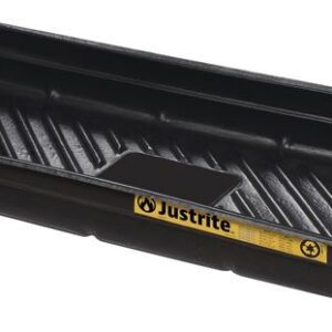 The Justrite Tray, Spill 38X26, Ecopoly in black has sloped grooves and raised edges with a yellow Justrite label. It efficiently contains liquids for easy cleanup and enhanced safety.