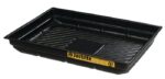 The Justrite Tray, Spill 48X23, Ecopoly, Bk is a black rectangular tray with a ridged surface and slightly raised edges. The front showcases the Justrite brand name in yellow and black.
