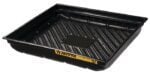 The Justrite Tray, Spill 38X34 Ecopoly in black features ribbed grooves, slightly raised edges, and a distinctive yellow label on one side for spill containment.