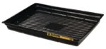 The Justrite Tray, Spill 47x33 Ecopoly in black plastic, features raised ridges and a small center square. A partially visible yellow label reveals its effective spill management with ease and reliability.